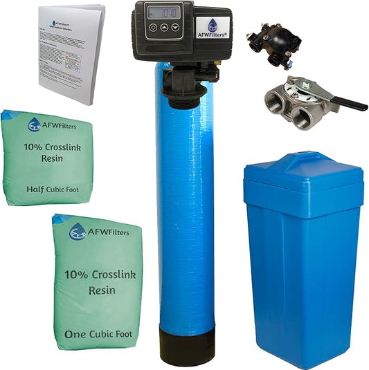 AFWFilters 1.5 Cubic Foot (48k) Whole Home Water Softener with Durable 10% Crosslink Resin, 1" Stainless Steel FNPT Connection, and Blue Tanks