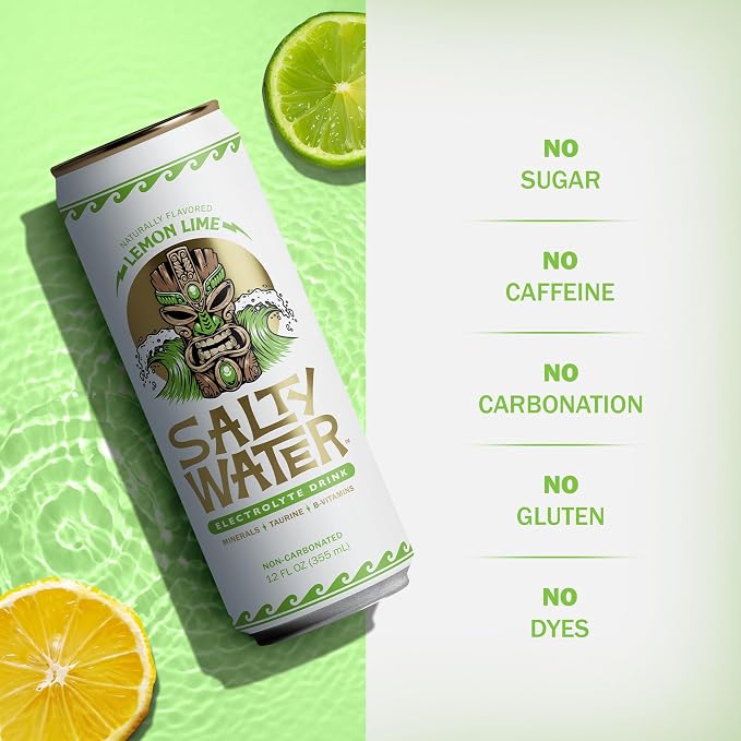 SaltyWater Electrolyte Drink, Lemon Lime – Zero Sugar Premium Hydration Drink, 10 Calories, Minerals, Taurine, B-Vitamins, Non-Carbonated - Zero Caffeine Electrolyte Sports Drink - Gluten Free - 12 Pack (12 oz)