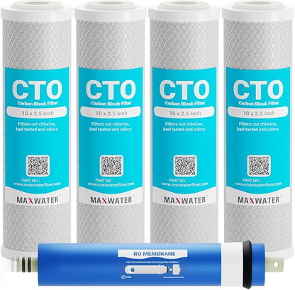 Max Water Combo Pack FX12P and FX12M or TFM-24 Water Filter Replacement, Compatible GE RO Set GXRM10RBL GXRM10G Reverse Osmosis Systems - Carbon Block Filters and 50 GPD RO Membrane (Membrane + 4 CTO)