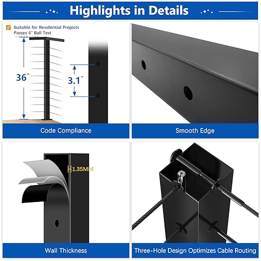 2 Pack 36" T304 T-drilled Cable Railing Corner Post(Post 35"x2"x2"), Modular Three Sides Wire Railing Post with Cable Grommets, Fixed Top Mount Stainless Steel Black Finish Deck Staircase Post