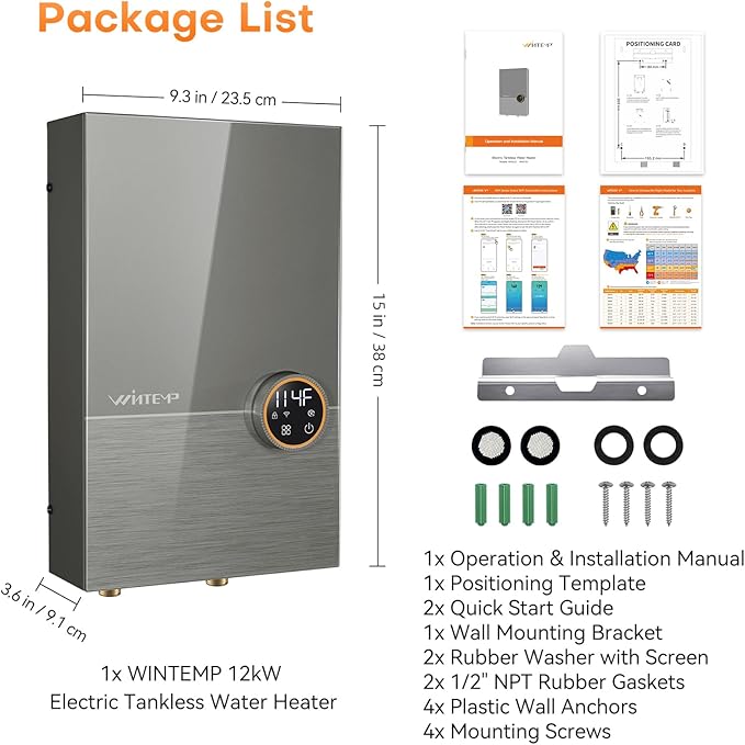 12kW Tankless Water Heater Electric 240V, On Demand Hot Water, Automatically Maintains Water Temperature, Up to 2.8 GPM, WiFi Control, ETL Eertified, Eco, WM12V Plus