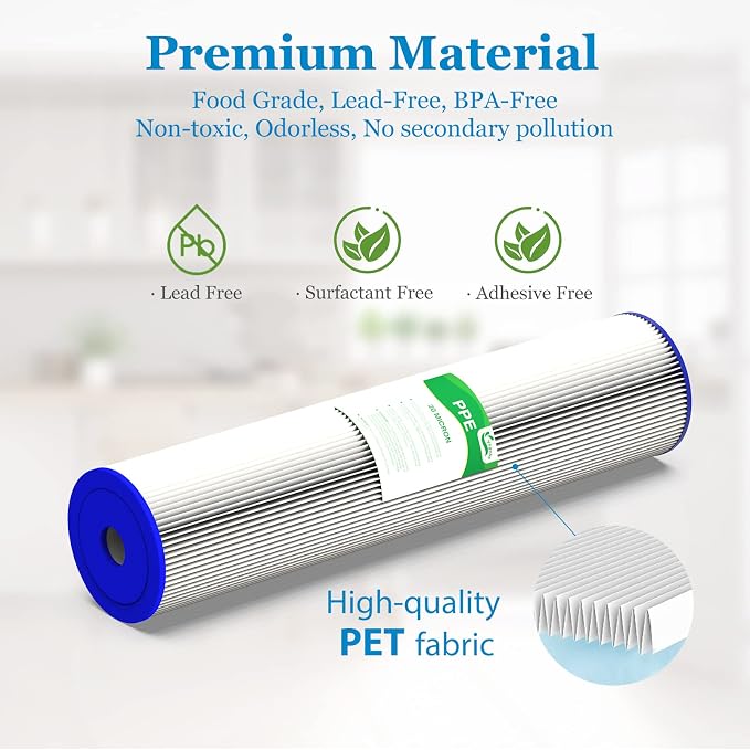 20 Micron 20-Inch Heavy Duty Whole House Water Filter Replacement Cartridge, Pleated Sediment Water Filters 4.5" x 20" for Well Water, Compatible with ECP5-20BB, R30-20BB, SPC-45-2050, 6 Pack