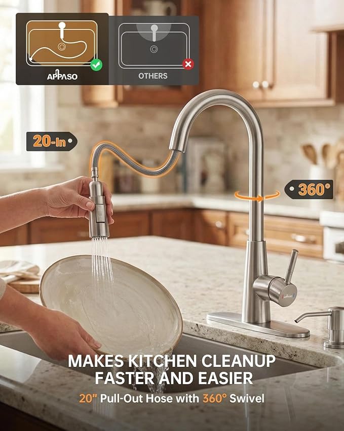 APPASO Kitchen Faucet Touchless with Soap Dispenser and Pull Down Sprayer | S304 Stainless Steel Brushed Nickel Motion Sensor Hands Free Sink Faucets 2 Modes with cUPC Lead-Free Certified Water Hoses
