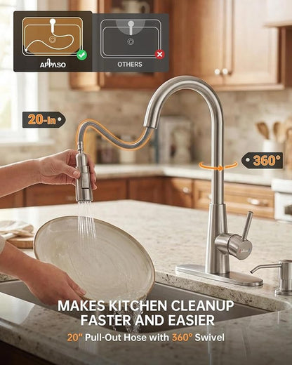 APPASO Kitchen Faucet Touchless with Soap Dispenser and Pull Down Sprayer | S304 Stainless Steel Brushed Nickel Motion Sensor Hands Free Sink Faucets 2 Modes with cUPC Lead-Free Certified Water Hoses