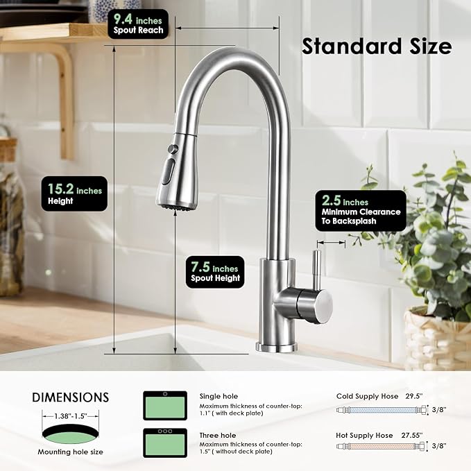 Kitchen Faucet with Pull Down Sprayer, High Arc Brushed Nickel Single Handle Kitchen Sink Faucet, Stainless Steel, 3 Mode(Stream/Spray/Pause), 360° Swivel, Grifos para Fregaderos de Cocina