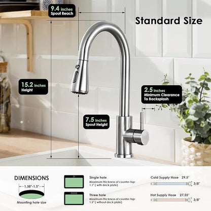 Kitchen Faucet with Pull Down Sprayer, High Arc Brushed Nickel Single Handle Kitchen Sink Faucet, Stainless Steel, 3 Mode(Stream/Spray/Pause), 360° Swivel, Grifos para Fregaderos de Cocina