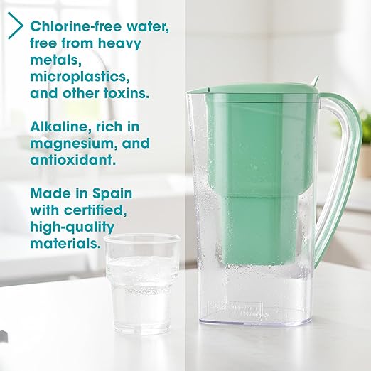 Alkanatur Drops Low Emission Water Filter Pitcher - Hydrogenates + Ionizes + Provides Magnesium Removes Chlorine, Metals, Fluorides, Microplastics, and More - Certified UNE 149101:2015