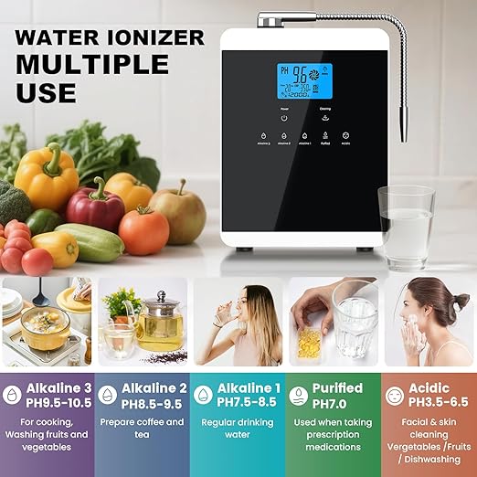 Alkaline Water Ionizer Machine for Home, 11 Titanium Plates pH 4.0-10.5 Up to -600mV ORP 10000 Liter Filter Life Acidic Water for Cleaning Countertop with Auto-Cleaning