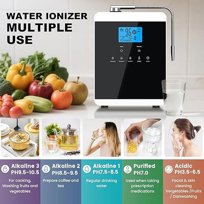 Alkaline Water Ionizer Machine for Home, 11 Titanium Plates pH 4.0-10.5 Up to -600mV ORP 10000 Liter Filter Life Acidic Water for Cleaning Countertop with Auto-Cleaning