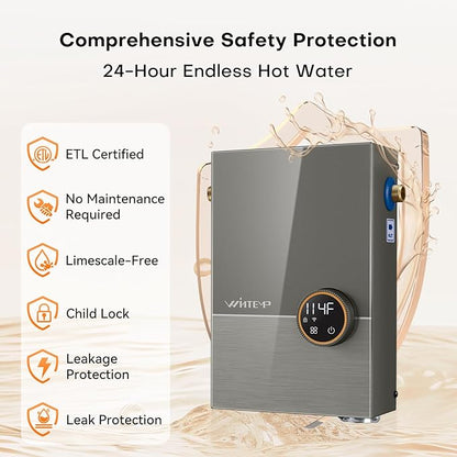 Tankless Water Heater Electric 12kW, 240 Volt On Demand Instant Hot Water Heater, Within 1℉ Stable Temp, Up to 2.8 GPM, WiFi Control, ETL Certified, Eco, WM12