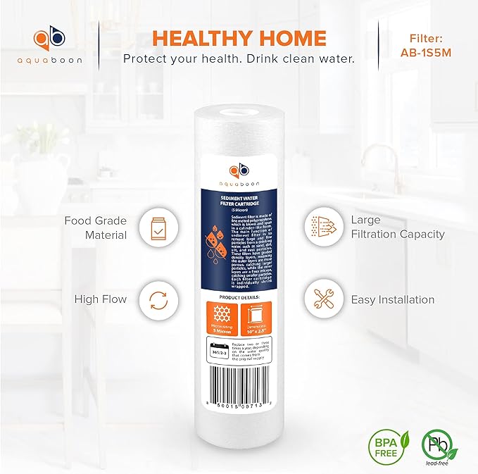 Aquaboon 5 Micron 10 x 2.5 Sediment Filter - Whole House Water Filter Replacement Compatible with Well Water Filters - P5, AP110, WHKF-GD05, 25-Pack