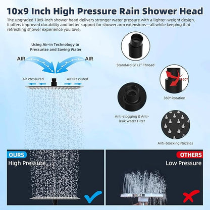 Hibbent All Metal 10'' Filtered Rainfall Shower Head Combo, High Pressure Handheld Shower Wand, 12'' Adjustable Extension Arm, 20 Stage Shower Filter, 71'' Hose, Shower Head Holders, Matte Black