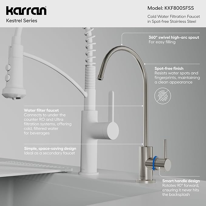 Karran Kestrel Spot-Free Stainless Steel Beverage Faucet 100% Lead-Free Brass, RO/Filtration System Ready, 360° High-Arc Spout, Fingerprint Resistant Finish, Compact Design