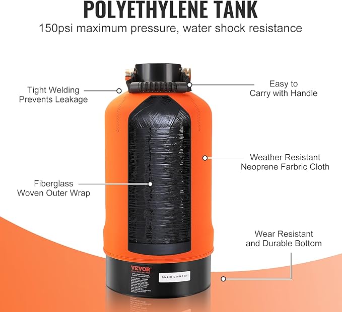 VEVOR RV Water Softener, 16,000 Grain Portable Water Softener, with 3/4" Brass Fittings and 42" Hose, Soften Hard Water Filter System for RVs, Trailers, Boats, Mobile Car Washing, Pressure Washing