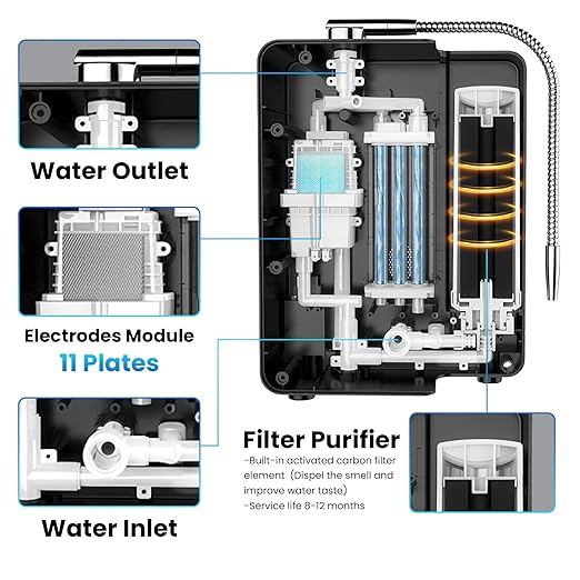 Alkaline Water Ionizer Machine for Home, 11 Titanium Plates pH 4.0-10.5 Up to -600mV ORP 10000 Liter Filter Life Acidic Water for Cleaning Countertop with Auto-Cleaning