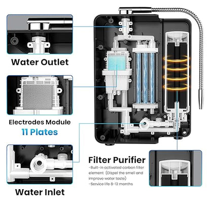 Alkaline Water Ionizer Machine for Home, 11 Titanium Plates pH 4.0-10.5 Up to -600mV ORP 10000 Liter Filter Life Acidic Water for Cleaning Countertop with Auto-Cleaning