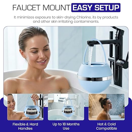 Crystal Quest Bath Ball Filter for Tub Faucet, Bathtub Water Filter, BPA-Free Bathtub Filter, Removes Chlorine, Lead & Impurities, Improves Skin, Hair & Nails, Long Lasting, Fits Most Tubs - Blue