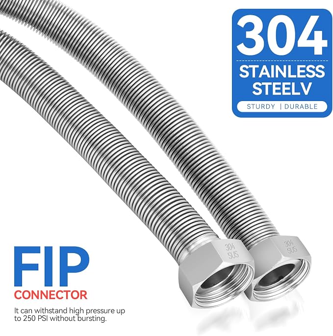 36 Inch Flexible Stainless Steel Corrugated Water Heater Connector Hose,3/4" FIP x 3/4" FIP,304 Stainless Steel Leak-Proof Flexible Line for Tankless Water Heater,Water Softener,RV,Boiler(2PCS)