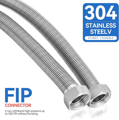 36 Inch Flexible Stainless Steel Corrugated Water Heater Connector Hose,3/4" FIP x 3/4" FIP,304 Stainless Steel Leak-Proof Flexible Line for Tankless Water Heater,Water Softener,RV,Boiler(2PCS)
