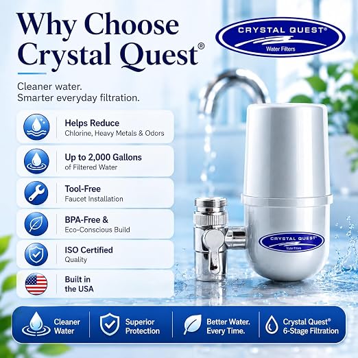 Crystal Quest Faucet-Mount Water Filtration System, ISO Certified 6-Stage Filtration, No-Wait Filtering, Removes Chlorine & Heavy Metal, 2000-Gallon Capacity, Easy Kitchen Faucet Installation - Chrome