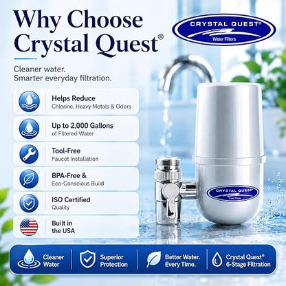 Crystal Quest Faucet-Mount Water Filtration System, ISO Certified 6-Stage Filtration, No-Wait Filtering, Removes Chlorine & Heavy Metal, 2000-Gallon Capacity, Easy Kitchen Faucet Installation - Chrome