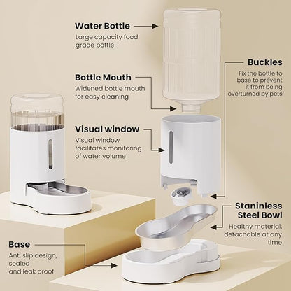 CZPET Dog Water Bowl Dispenser 7L, Wider Mouth & Upgraded Brush for Easy Cleaning Automatic Cat Gravity Refilling Waterer with Removable Stainless Steel Bowl, Large Drinking Area for Multi-Pet (White)