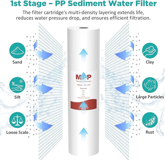 SimPure Whole House Water Filter Cartridges 5 Micron 20" x 4.5" PP+CTO+GAC/KDF 3-Stage Sediment Carbon and Heavy Metal Filter Set, for DB20P-3KDF, WGB32B-KS, DGD-5005-20, FC25B, 1 Set