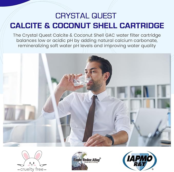 Crystal Quest Calcite & Coconut Shell GAC Water Filter Cartridge – pH Balancing, Dual-Stage Filtration, Removes Impurities, Enhances Taste – Fits Countertop & Inline Systems 2-7/8" x 9-3/4"