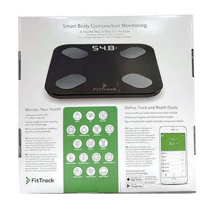 FitTrack Dara Smart BMI Digital Scale - Measure Weight and Body Fat - Most Accurate Bluetooth Glass Bathroom Scale (Black)