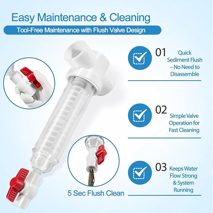 Spin Down Sand Separator, Sediment Water Filter System, 100 Mesh, 1.5-Inch PVC Slip Fit, 50 GPM, Heavy-Duty Pre-Filter for Well, Irrigation, and Home Water Systems
