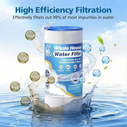 5 Micron 10" x 4.5" Whole House Water Filter Compatible with GE FXHSC, GXWH40L, Plumber W50PEHD, Culligan R50-BBSA, Pentek R50-BB, W10-PR, DuPont WFHDC3001, W50PEHD, High Flow Sediment Filters, 4 Pack