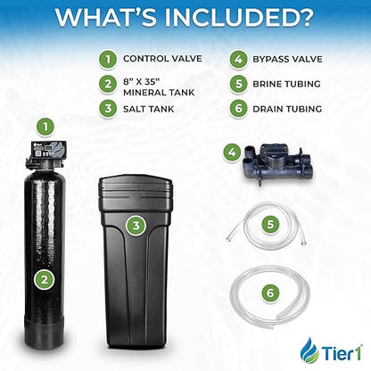 Tier1 Whole House Water Softener System 24000 Grain Capacity | Compact Space Saving Design with Ceramic Control Valve | Preloaded Resin Mineral Tank | Home Water Filtration System for 2 to 3 Bath Use