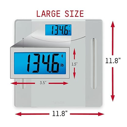 Taylor Smart Weight Tracking Scale with Precision Hub App for Body Weight with Smart App Connectivity, 400 lb Capacity, Glass & Silver Platform, Blue Backlit Display, Sync with 3rd Party App, Clear
