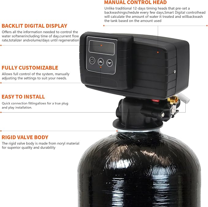 Whole House Water Softener Valve 48,000 Grains - High Performance Automatic Digital Metered Control Head,Reduces Hardness & Minerals - Improve Water Quality - for 1-2 bathrooms