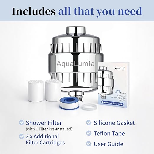 AquaLumia 22-Stage KDF-55 Advanced Shower Filter Set, 3 Replacement Cartridges - Infused with Vitamin C & E for Skin & Hair - High Output Hard Water Softener - Removes Chlorine, Heavy Metals