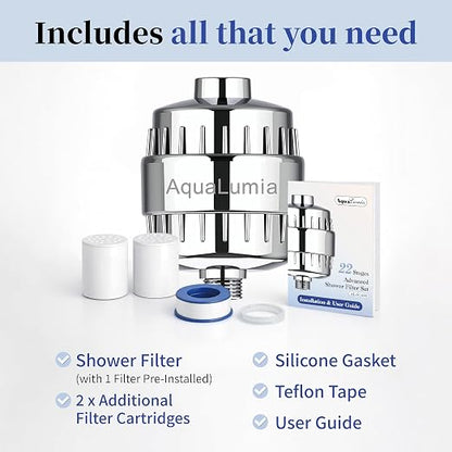 AquaLumia 22-Stage KDF-55 Advanced Shower Filter Set, 3 Replacement Cartridges - Infused with Vitamin C & E for Skin & Hair - High Output Hard Water Softener - Removes Chlorine, Heavy Metals
