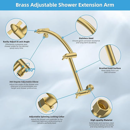 Hibbent All Metal cUPC Certified Rain Shower Head, 10'' High Pressure Rainfall Showerhead with 16" Shower Head Extension Arm, Brass Adjustable Shower Arm Extender, Fixed Showerheads, Brushed Gold