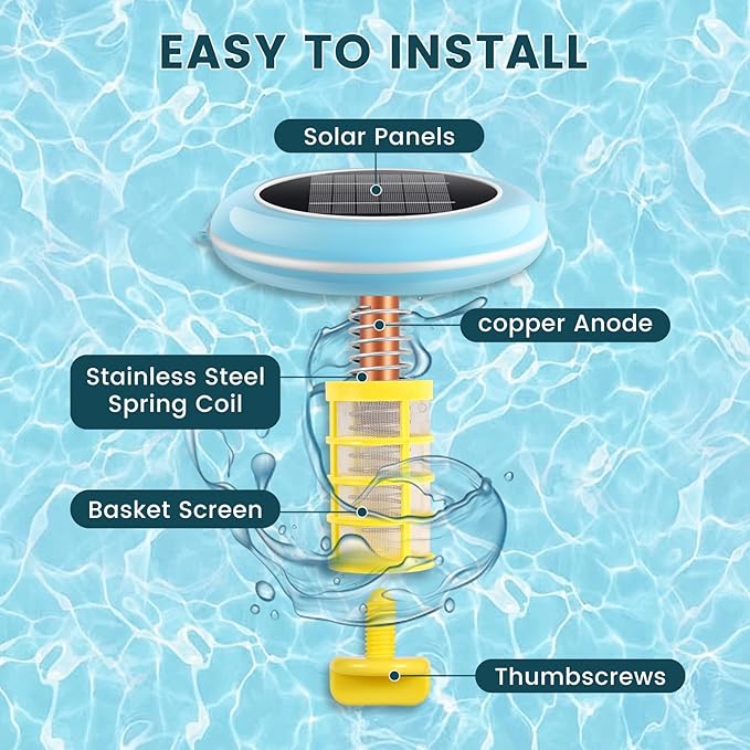 Pool Ionizer Solar Powered,Copper Ionization,Floating Automatic Water Cleaner and Purifier,Up to 65,000 Gal,85% Less Chlorine, Chlorine Free Water,Smart Replacement