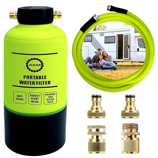 AKM RV Water Filtration System,Reduce Chlorine, VOCs, Heavy Metals, Bad Taste, Odor, Anti-Scale, KDF GAC Carbon Filters,3/4" GHT Brass Quick Connectors, Scale Inhibitor Filter