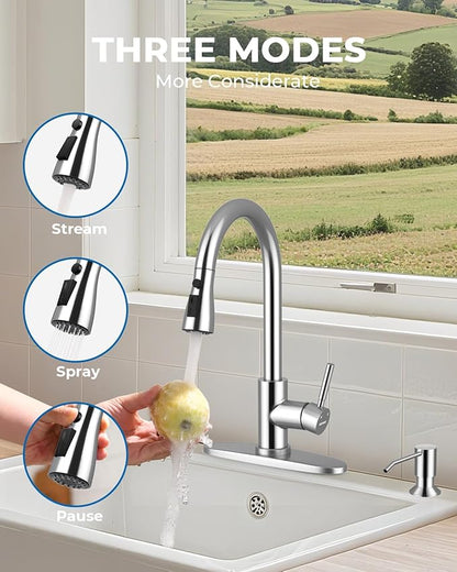 WEWE Kitchen Faucet with Soap Dispenser and Pull Down Sprayer, RV Single Handle Classic 3 Modes Stainless Steel Faucet for Kitchen Sink, RV, Polished Chrome