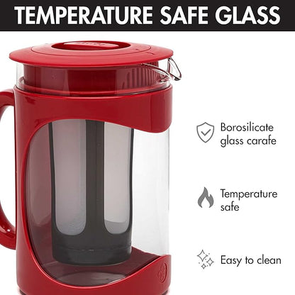 Primula Burke Deluxe Cold Brew Iced Coffee Maker, Comfort Grip Handle, Durable Glass Carafe, Removable Mesh Filter, Perfect 6 Cup Size, Dishwasher Safe, 1.6 qt, Red