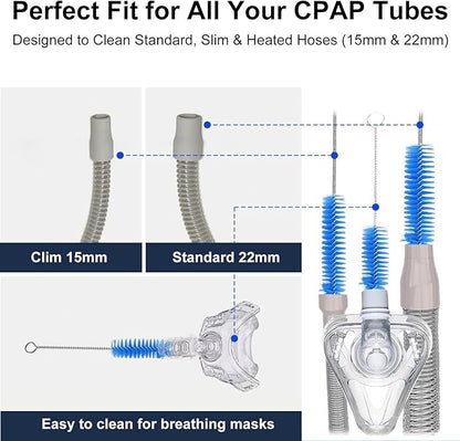 CPAP Hose Cleaning Brush Kit with Collapsible Basin – Dual-Ended 7ft Tube Brush & Small Cleaner, Anti-Slip Wash Tub with Drain Plug & Handles, Fits 15mm & 22mm Tube Cleaning