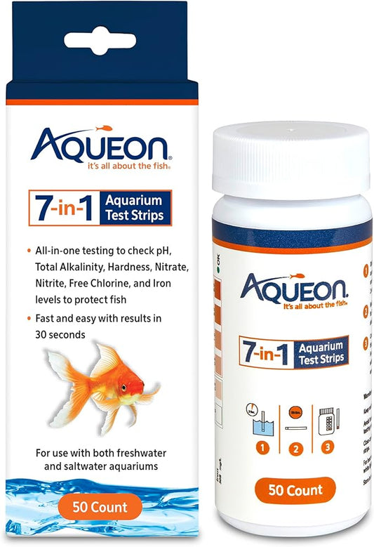 Aqueon 7-in-1 Aquarium Test Strips, Fast Results for pH, Total Alkalinity, Hardness, Nitrate, Nitrite, Free Chlorine and Iron Levels, for Freshwater and Saltwater, 50 Count