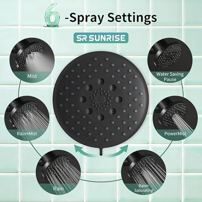 SR SUN RISE Filtered Shower Head - High Pressure Rain Shower Head with 20-Stage Filterr, 6 Spray Modes for Hard Water Softener, Remove Chlorine & Heavy Metals (Black, 5.5 Inch Round)