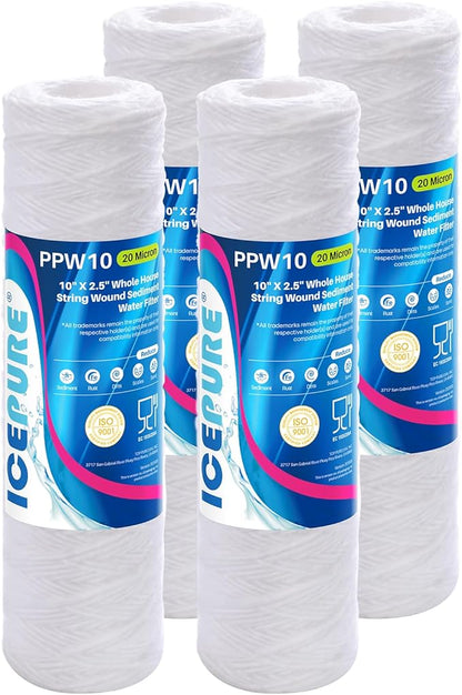 ICEPURE 20 Micron 10" x 2.5" Whole House String Wound Sediment Water Filter for Well filter Replacement for Aqua-Pure AP110, WP-5, Culligan P5, CFS110, CW-MF, WFPFC4002, Any 10 inch RO Unit, 4PACK