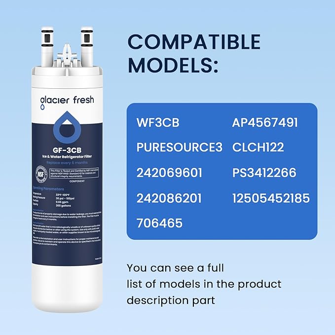 GLACIER FRESH WF3CB Refrigerator Water Filter Replacement for PureSource 3, 706465, WF425, PS3412266, AP4567491, 242017800 Refrigerator Water Filter, Pack of 2
