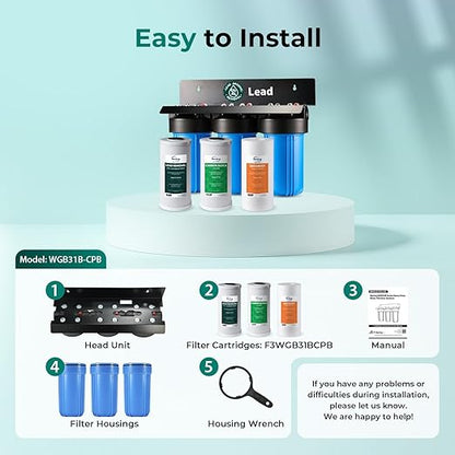 iSpring 3-Stage Whole House Water Filter System, SGS-Tested to Remove Up to 99% Lead, Reduces Chlorine & Sediment, Whole Home Water Filtration System w/ 10” x 4.5” Filters, Model WGB31B-CPB