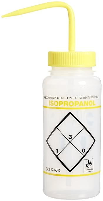 SP Bel-Art Safety-Labeled 2-Color Isopropanol Wide-Mouth Wash Bottles; 500ml (16oz), Polyethylene w/Yellow Polypropylene Cap (Pack of 6)