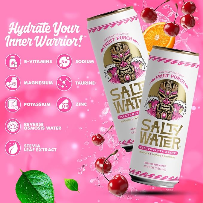 SaltyWater Electrolyte Drink, Fruit Punch – Zero Sugar Premium Hydration Drink, 10 Calories, Minerals, Taurine, B-Vitamins, Non-Carbonated - Zero Caffeine Electrolyte Sports Drink - Gluten Free - 12 Pack (12 oz)