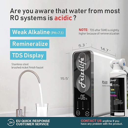 Frizzlife RO Reverse Osmosis Water Filtration System - 600 GPD High Flow, Tankless, Reduce TDS, Compact, Alkaline Mineral PH, 1.5:1 Drain Ratio, PD600-TAM3, with Two Years Replacement Filters…